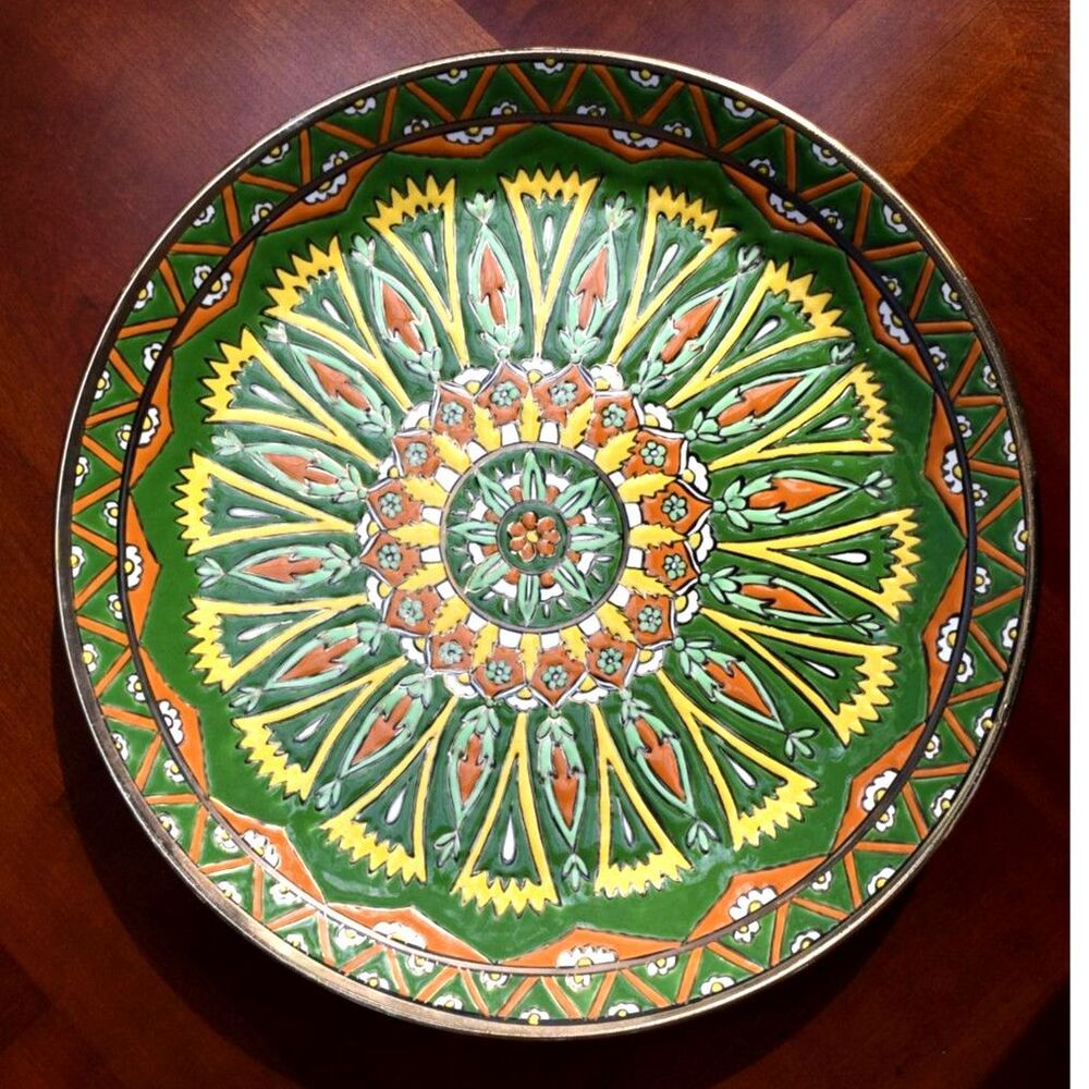 Vintage Greek Wall Plate - Green Yellow Orange Embossed Enamel - Lindos Keramik
